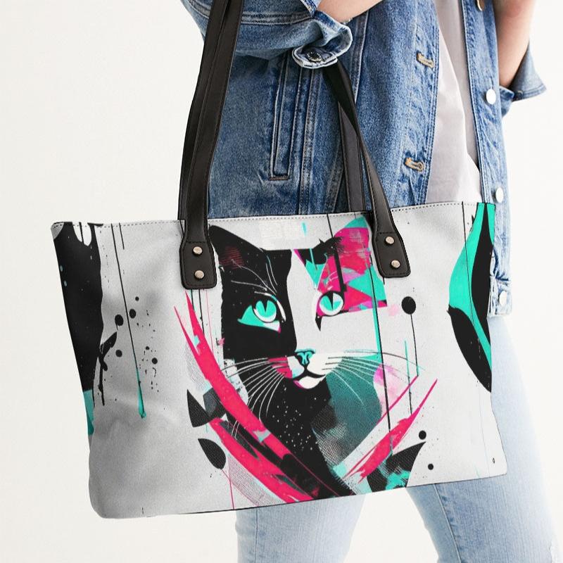 Chic Feline Abstract Art Tote Bag Modernist Meow Collection Stylish Tote