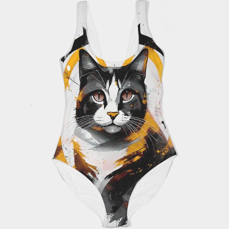 Cosmic Calico - Modern Abstract Cat Art Women's All-Over Print One-Piece Swimsuit