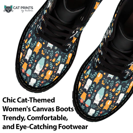 Chic Cat-Themed Women's Canvas Boots - Trendy, Comfortable, and Eye-Catching Footwear